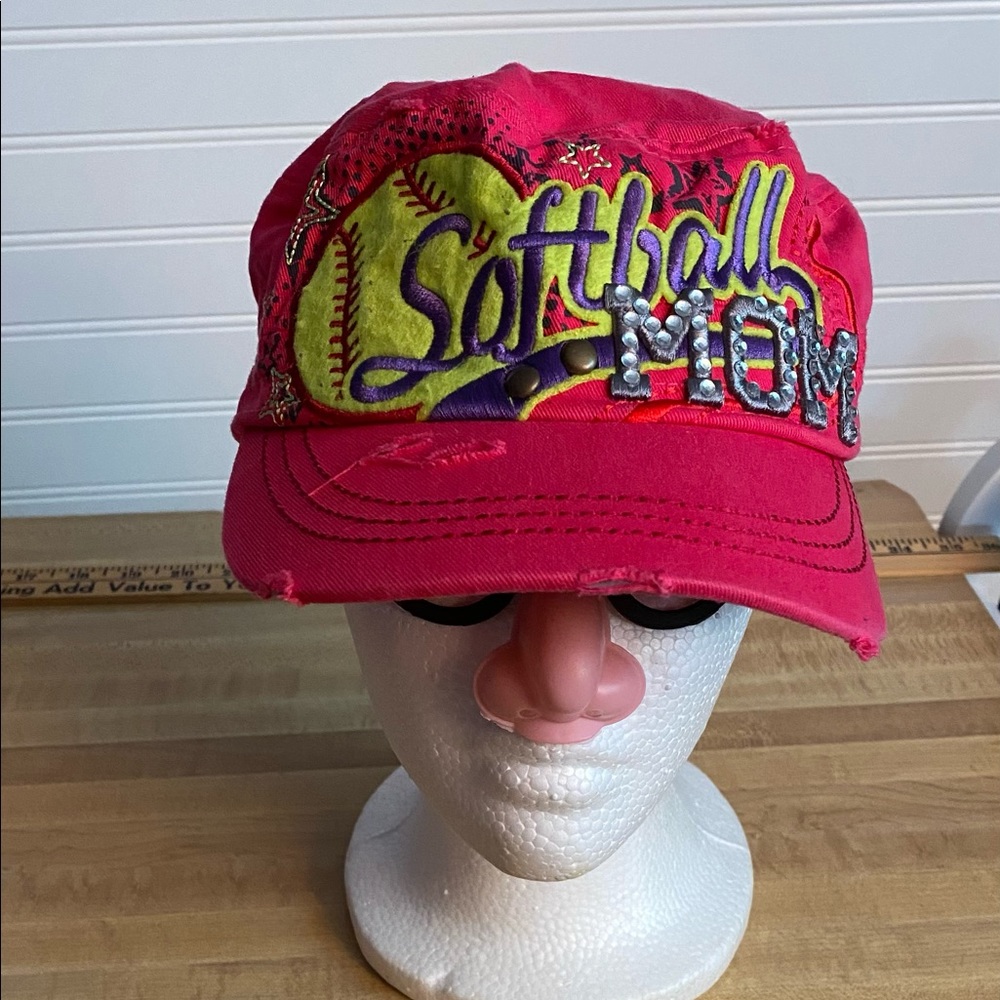 Preowned “Mom Softball “ Ball Cap. Pink/Yellow. Distress Look. Adjustable